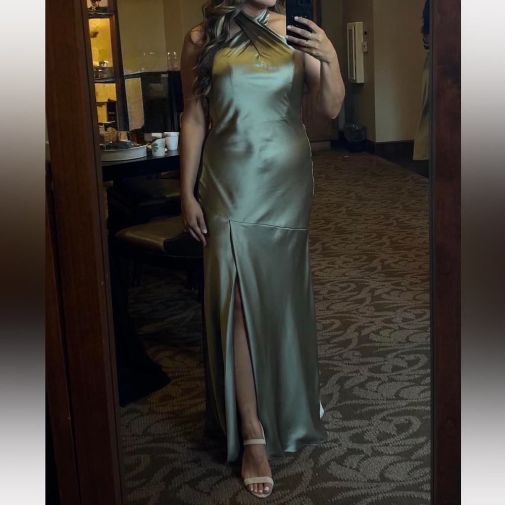 Revelry Athena Satin Silver Sage Bridesmaid Gown with Front Slit